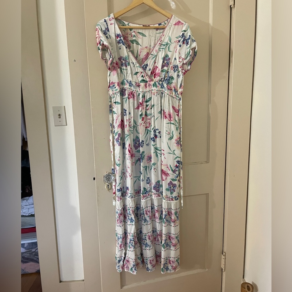 April Cornell Floral White and Pink Maxi Dress